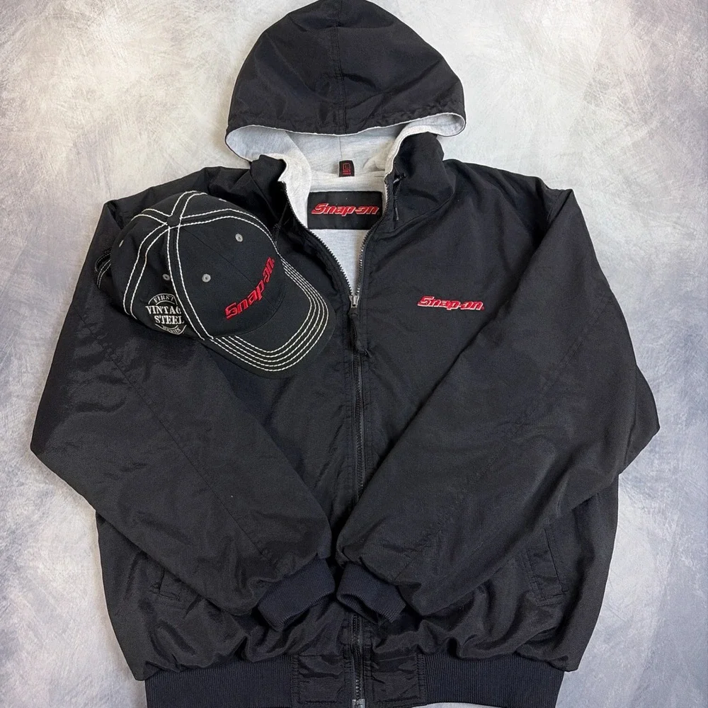 Snap-on Hooded Jacket Hat bundle Mens Large Black Embroidered Mechanic Workwear